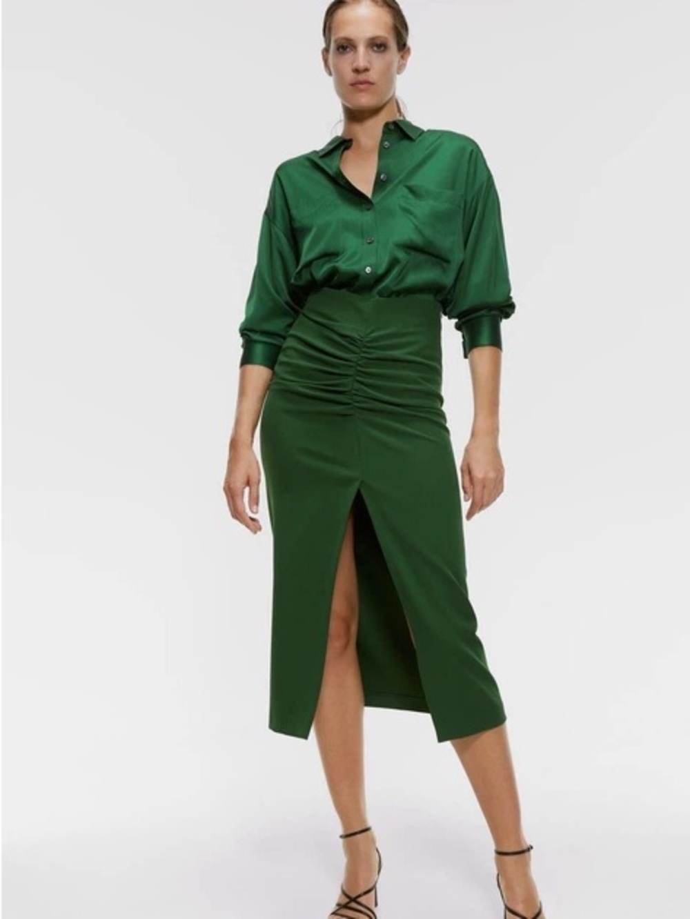 Zara BUTTON UP BLOUSE SHIRT TOP WITH FRONT POCKETS GREEN COLOR SIZE S